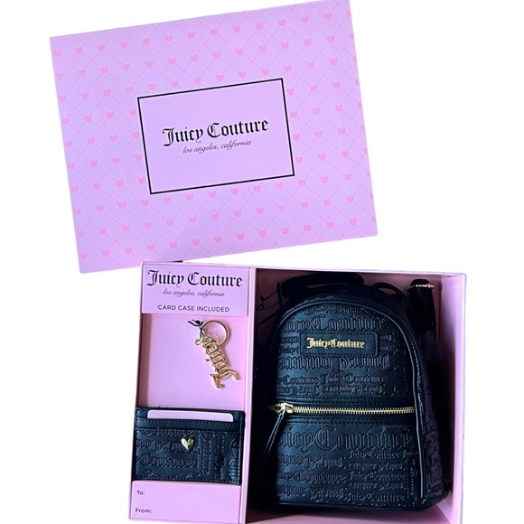 JUICY COUTURE Black Logo Backpack Cardcase Gold Keychain Boxed Gift Set - Picture 12 of 13